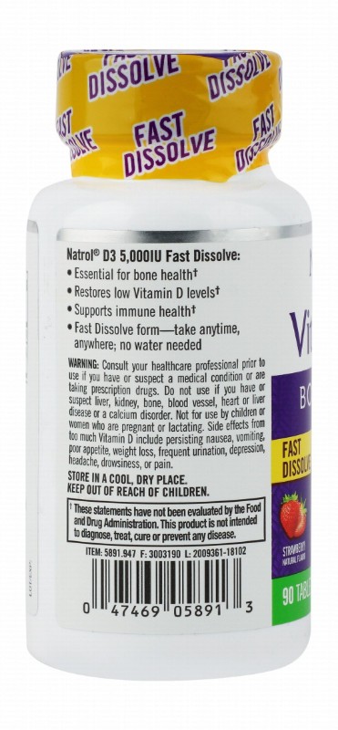 Natrol 5000 IU Vitamin D3 Supplement Strawberry Flavor for Bone & Joint Support - artificial colors, flavors & preservatives free