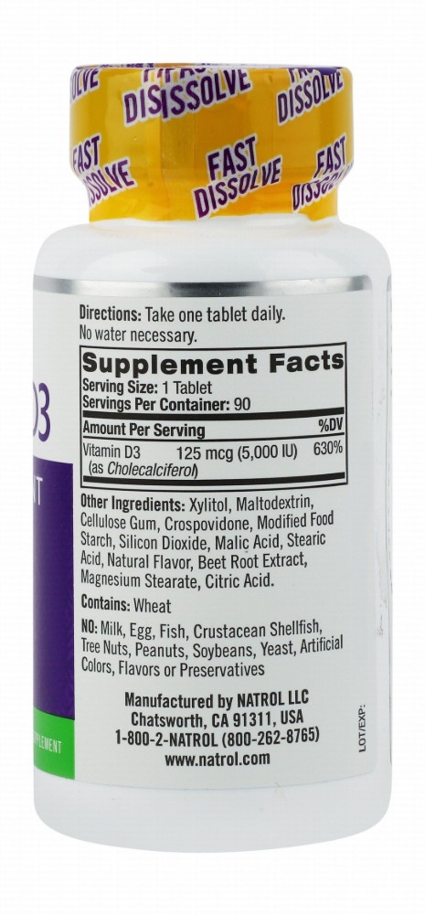 Natrol 5000 IU Vitamin D3 Supplement Strawberry Flavor for Bone & Joint Support - artificial colors, flavors & preservatives free