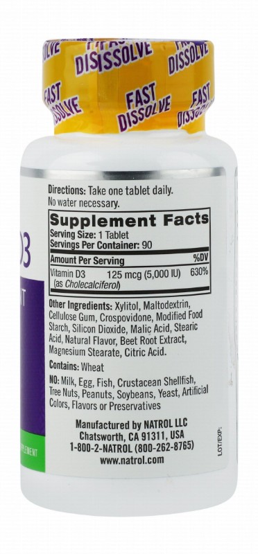 Natrol 5000 IU Vitamin D3 Supplement Strawberry Flavor for Bone & Joint Support - artificial colors, flavors & preservatives free