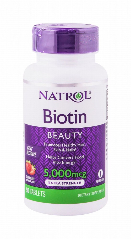 Natrol Extra Strength 5000mcg Biotin Beauty Supplement Strawberry Flavor - milk free, peanut free, vegetarian