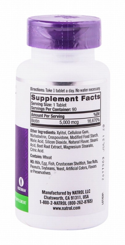 Natrol Extra Strength 5000mcg Biotin Beauty Supplement Strawberry Flavor - milk free, peanut free, vegetarian