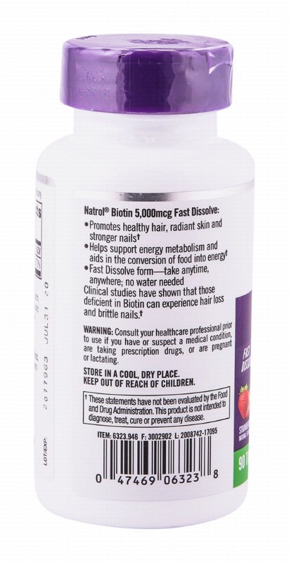 Natrol Extra Strength 5000mcg Biotin Beauty Supplement Strawberry Flavor - milk free, peanut free, vegetarian