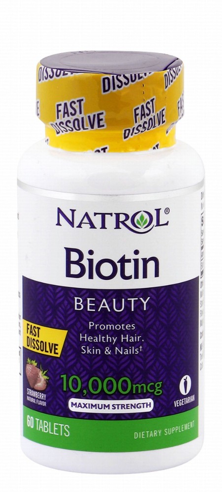 Natrol Maximum Strength 10000mcg Biotin Beauty Supplement Strawberry Flavor - milk free, peanut free, vegetarian