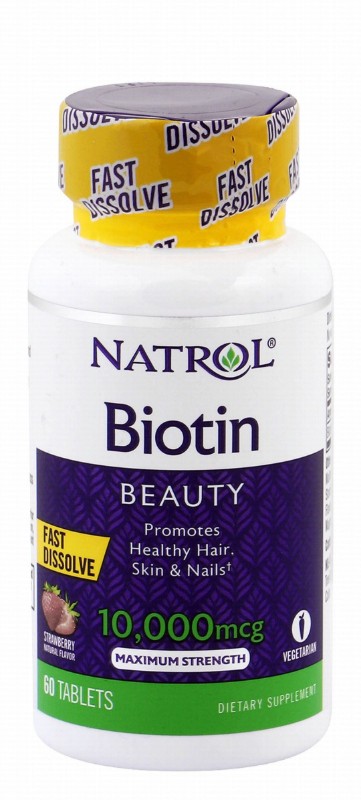 Natrol Maximum Strength 10000mcg Biotin Beauty Supplement Strawberry Flavor - milk free, peanut free, vegetarian