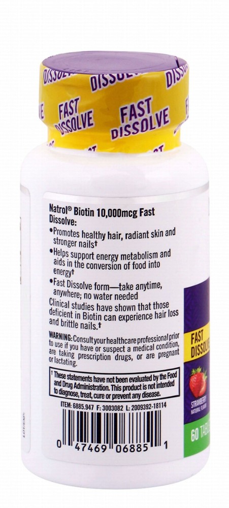 Natrol Maximum Strength 10000mcg Biotin Beauty Supplement Strawberry Flavor - milk free, peanut free, vegetarian