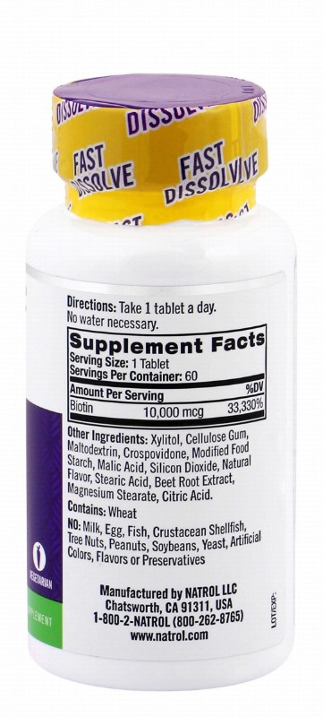 Natrol Maximum Strength 10000mcg Biotin Beauty Supplement Strawberry Flavor - milk free, peanut free, vegetarian