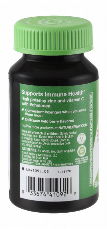 Nature's Way 100mg Vitamin C & 23mg Zinc Immune System Support Supplement Lozenges Wild Berry Flavor with Echinacea - vegan, gluten free, wheat free