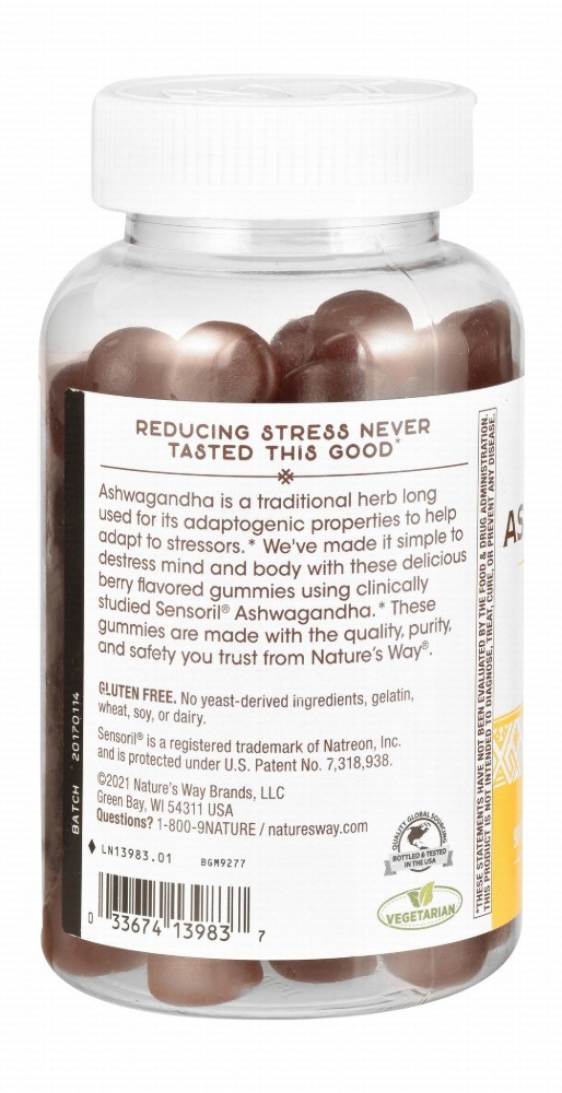 Nature's Way 125mg Ashwagandha Gummy Supplement Berry Flavor for Stress Relief - vegetarian, gluten free, gelatin free