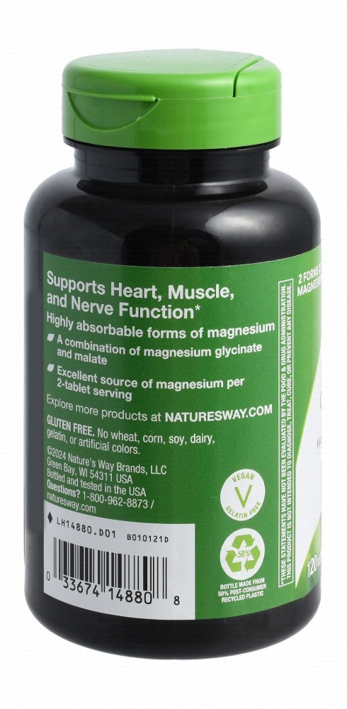 Nature's Way 220mg Magnesium Glycinate Complex Heart, Muscle & Nerve Support Supplement - vegan, gluten free, corn free