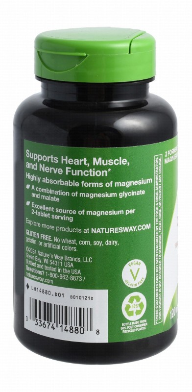 Nature's Way 220mg Magnesium Glycinate Complex Heart, Muscle & Nerve Support Supplement - vegan, gluten free, corn free