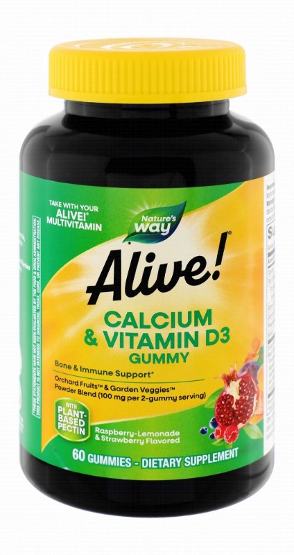 Nature's Way Alive Calcium & Vitamin D3 Bone & Immunity Support Gummy Supplements Raspberry & Lemonade & Strawberry Flavor