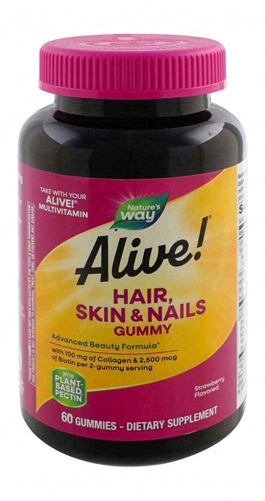 Nature's Way Alive! 100mg Collagen Hair, Skin & Nail Support Gummy Supplements Strawberry Flavor with Biotin & Plant Based Pectin - wheat free, soy free, dairy free
