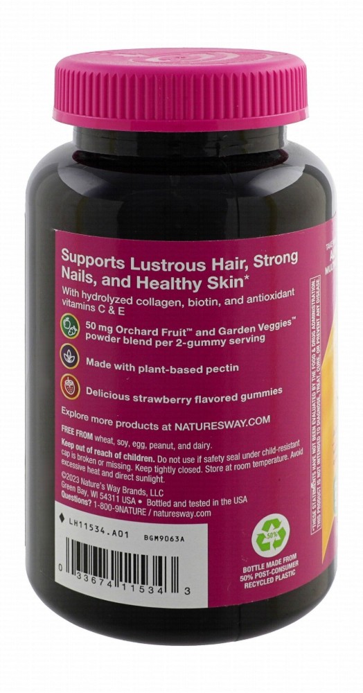 Nature's Way Alive! 100mg Collagen Hair, Skin & Nail Support Gummy Supplements Strawberry Flavor with Biotin & Plant Based Pectin - wheat free, soy free, dairy free