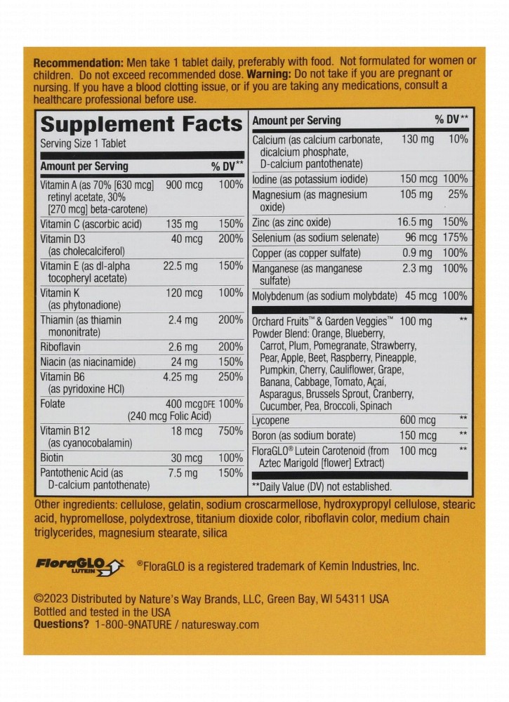 Nature's Way Alive! Men's Multivitamin Energy, Metabolism & Muscle Function Support Supplement with Orchard Fruits & Garden Veggies