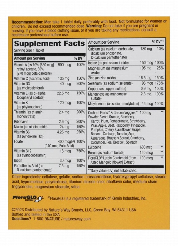 Nature's Way Alive! Men's Multivitamin Energy, Metabolism & Muscle Function Support Supplement with Orchard Fruits & Garden Veggies