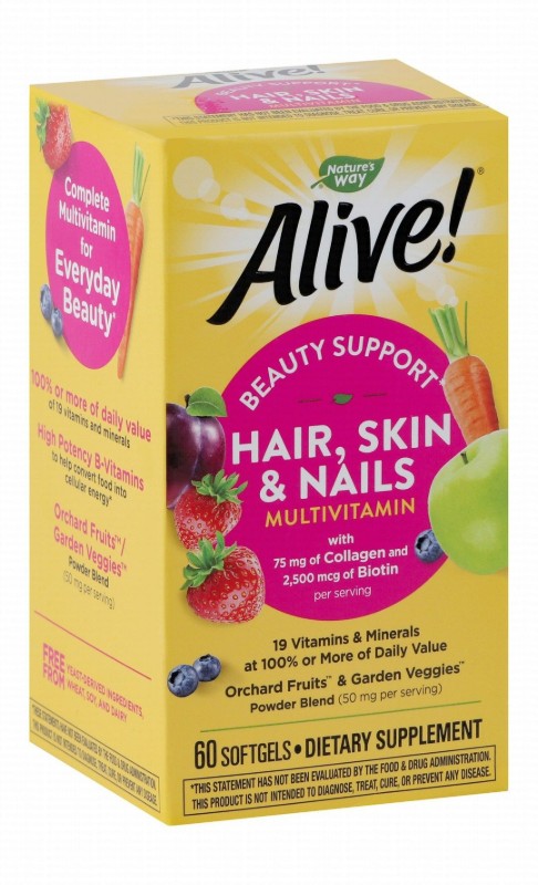 Nature's Way Alive! Multivitamin & Mineral Supplement Strawberry Flavor with Collagen & Biotin for Hair, Skin & Nails - wheat free, soy free, dairy free
