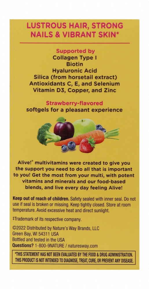 Nature's Way Alive! Multivitamin & Mineral Supplement Strawberry Flavor with Collagen & Biotin for Hair, Skin & Nails - wheat free, soy free, dairy free