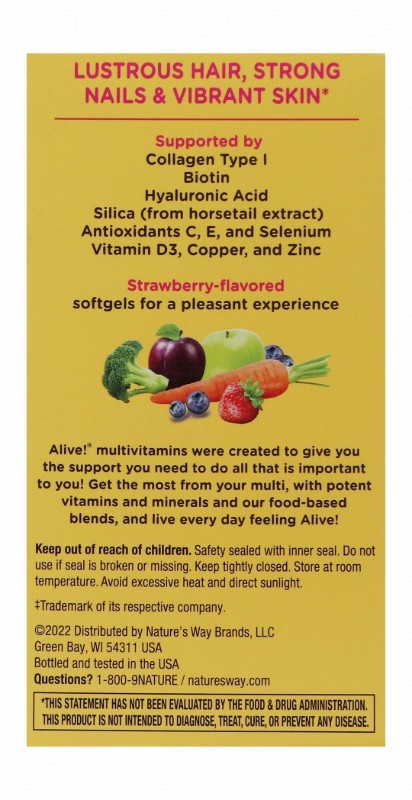 Nature's Way Alive! Multivitamin & Mineral Supplement Strawberry Flavor with Collagen & Biotin for Hair, Skin & Nails - wheat free, soy free, dairy free