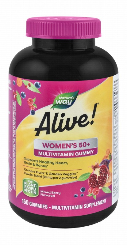 Nature's Way Alive! Women's 50 Plus Multivitamin Brain, Bone & Heart Support Gummy Supplements Mixed Berry Flavor with Orchard Fruits & Garden Veggies - vegetarian, gluten free, dairy free