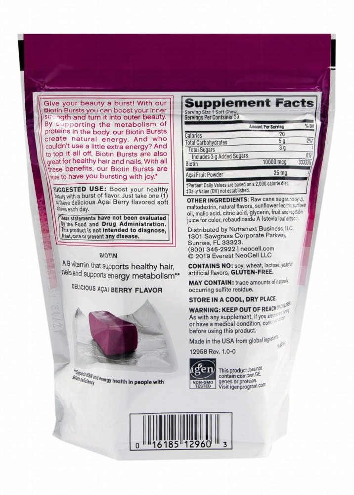 Neocell 10,000mcg Biotin Chewable Supplements Acai Berry Flavor for Healthy Hair & Nails - GMO free, gluten free, soy free
