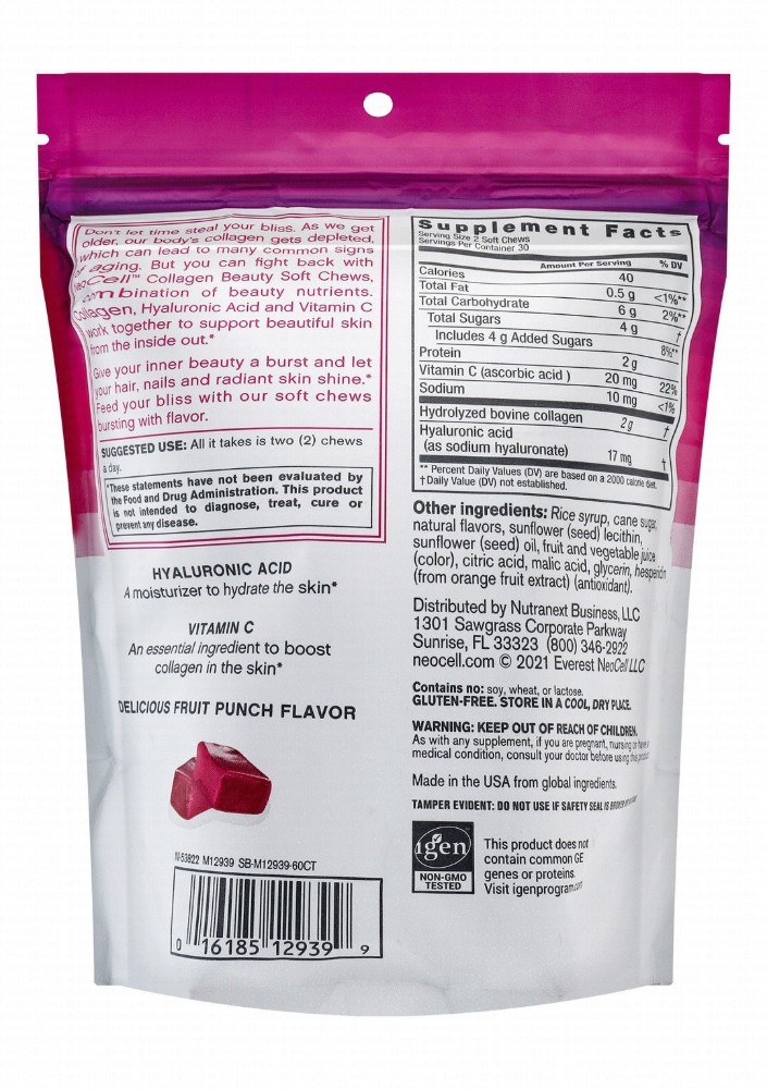 Neocell Beauty Bursts 2000mg Collagen Chewable Supplements Fruit Punch Flavor with Hyaluronic Acid & Vitamin C - soy free, gluten free