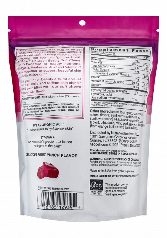 Neocell Beauty Bursts 2000mg Collagen Chewable Supplements Fruit Punch Flavor with Hyaluronic Acid & Vitamin C - soy free, gluten free
