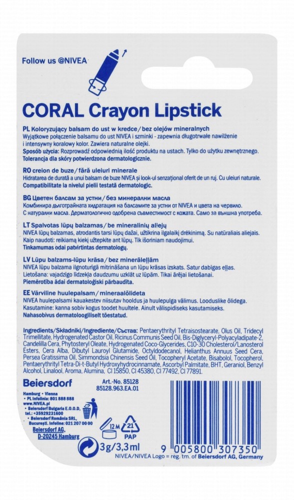 NIVEA Moisturizing Crayon Lip Balm with Natural Oils Coral Crush - mineral oil free