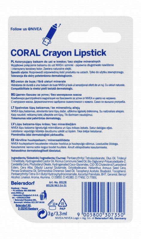 NIVEA Moisturizing Crayon Lip Balm with Natural Oils Coral Crush - mineral oil free
