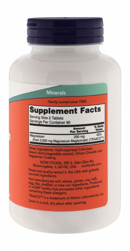 Now 200mg Magnesium Glycinate Supplement for Nervous System, Heart & Muscle Health - vegan, GMO free