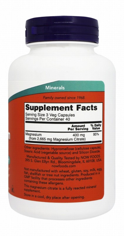 Now 400mg Magnesium Citrate Nervous System & Energy Support Supplement - vegan, GMO free