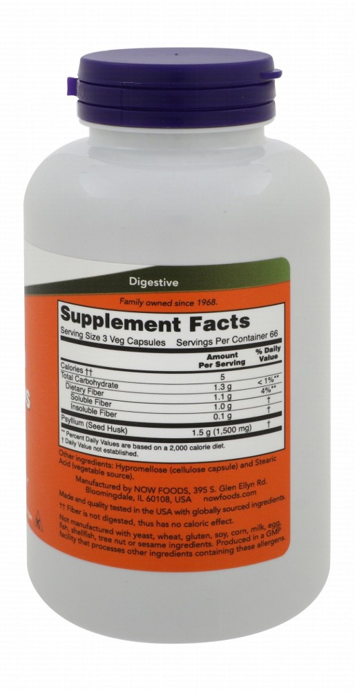 Now 500mg Psyllium Husk Intestinal Support Supplement - vegan, GMO free