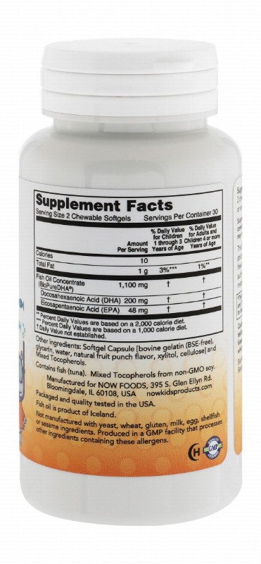 Now Kids 100mg DHA Fish Oil Brain Support Chewable Supplements Fruit Flavor - GMO free