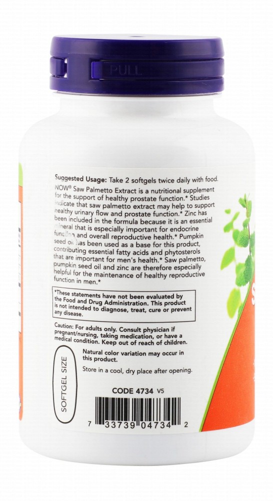 Now Saw Palmetto Extract Supplement with Pumpkin Seed Oil & Zinc for Prostate Support - gluten free, milk free, egg free