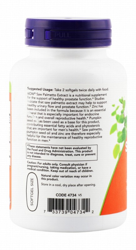Now Saw Palmetto Extract Supplement with Pumpkin Seed Oil & Zinc for Prostate Support - gluten free, milk free, egg free