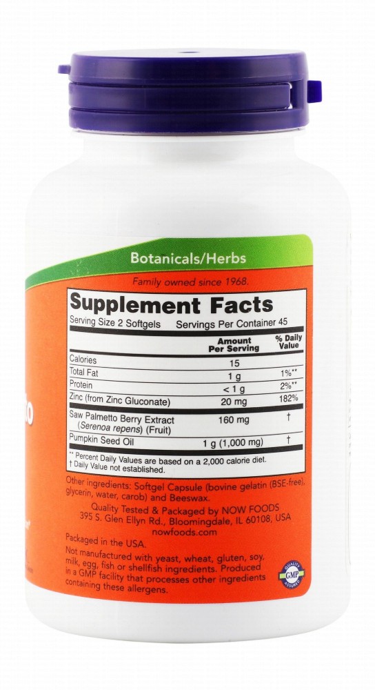 Now Saw Palmetto Extract Supplement with Pumpkin Seed Oil & Zinc for Prostate Support - gluten free, milk free, egg free