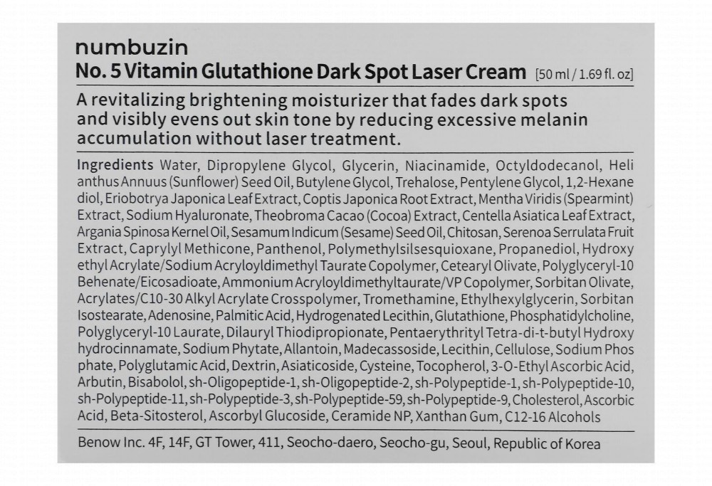 Numbuzin 5+ Anti-Dark Spot Laser Face Cream with Vitamin & Glutathione