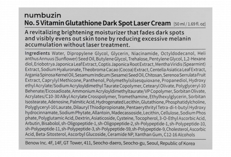 Numbuzin 5+ Anti-Dark Spot Laser Face Cream with Vitamin & Glutathione