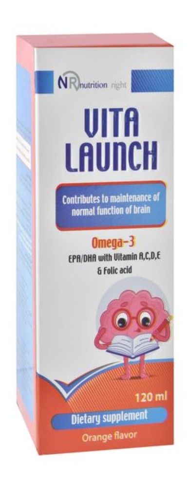 Nutrition Right Vita Launch Omega-3 Brain Function Support Liquid Supplement Orange Flavor with EPA, DHA & Folic Acid (4+ Years)