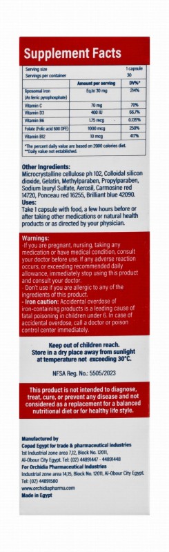 Orchidia 30mg Lipoferric Folic Supplement for Red Blood Cells Formation