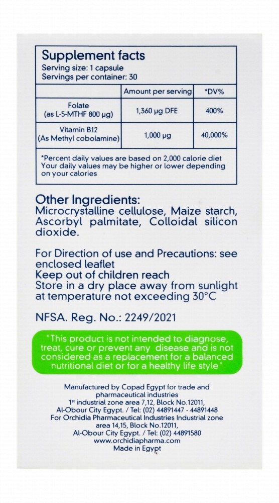 Orchidia 800mcg Methyl Folate & 1000mcg Methyl Cobolamine Supplement for Red Blood Cells