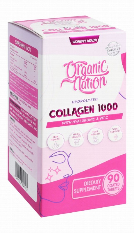 Organic Nation 1000mg Hydrolyzed Collagen Anti-Wrinkle & Anti-Aging Support Supplement with Hyaluronic Acid & Vitamin C