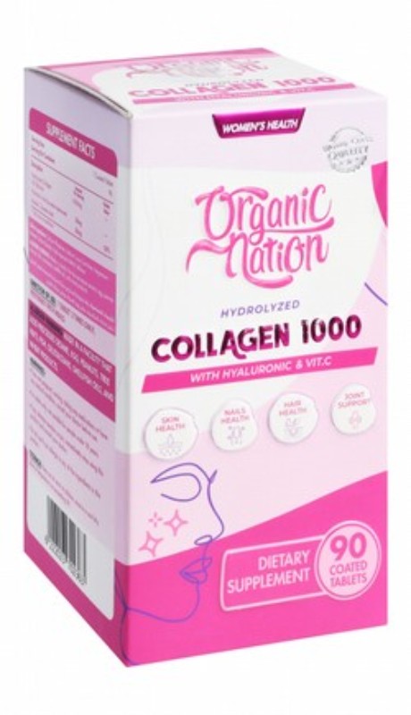 Organic Nation 1000mg Hydrolyzed Collagen Anti-Wrinkle & Anti-Aging Support Supplement with Hyaluronic Acid & Vitamin C