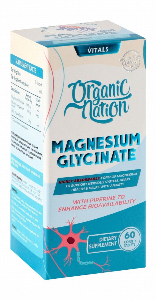 Organic Nation 1000mg Magnesium Glycinate Nervous System, Heart Health & Anxiety Support Supplement with Black Pepper Extract