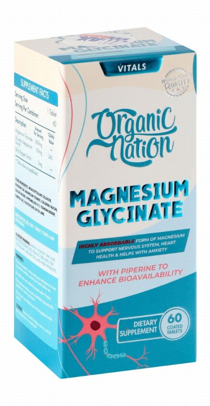 Organic Nation 1000mg Magnesium Glycinate Nervous System, Heart Health & Anxiety Support Supplement with Black Pepper Extract