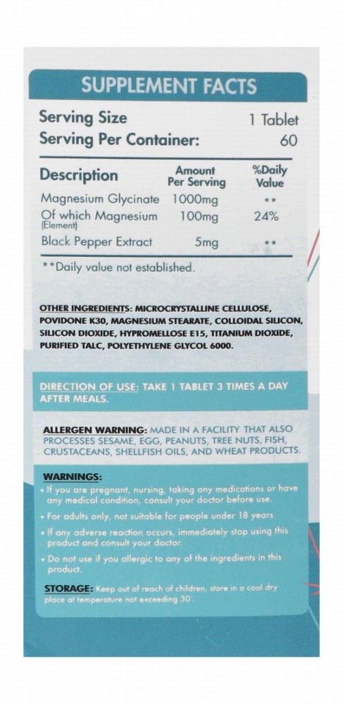 Organic Nation 1000mg Magnesium Glycinate Nervous System, Heart Health & Anxiety Support Supplement with Black Pepper Extract