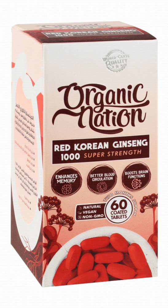 Organic Nation 1000mg Super Strength Red Korean Ginseng Supplement for Energy & Memory Health - vegan, GMO free