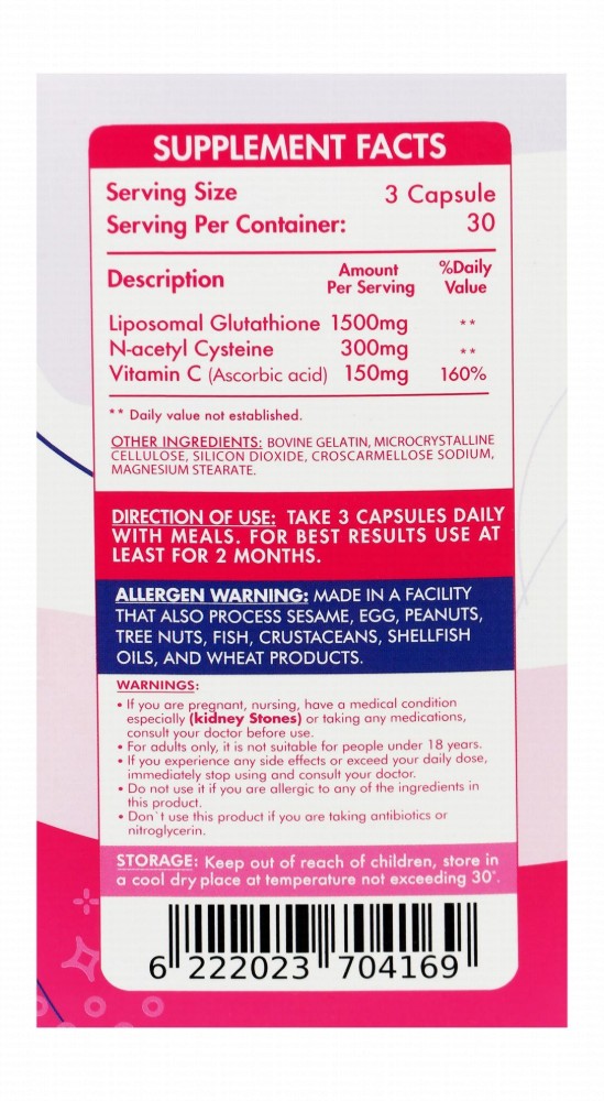 Organic Nation 1500mg Liposomal Glutathione Hyperpigmentation, Dark Spots & Skin Whitening Support Supplement