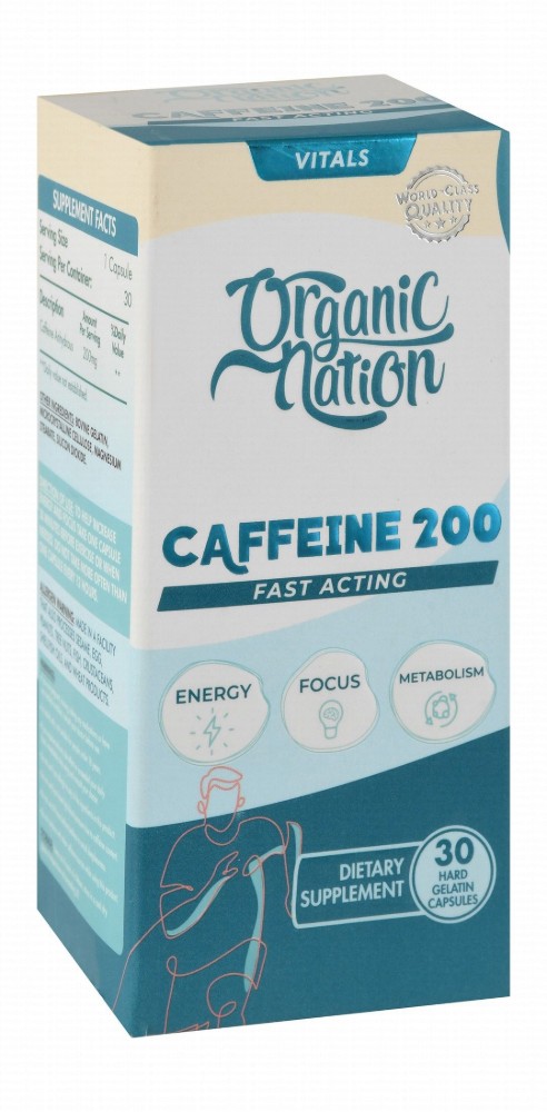 Organic Nation 200mg Caffeine Anhydrous Healthy Energy, Focus & Metabolism Support Supplement