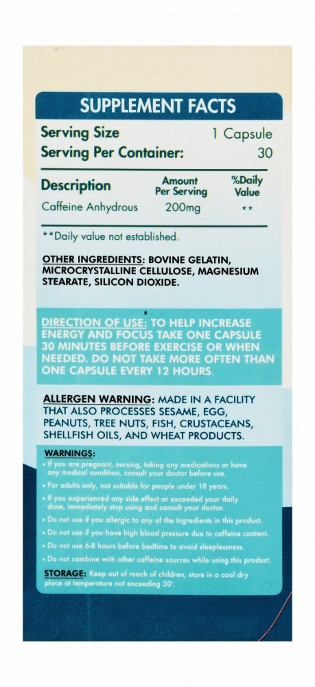Organic Nation 200mg Caffeine Anhydrous Healthy Energy, Focus & Metabolism Support Supplement