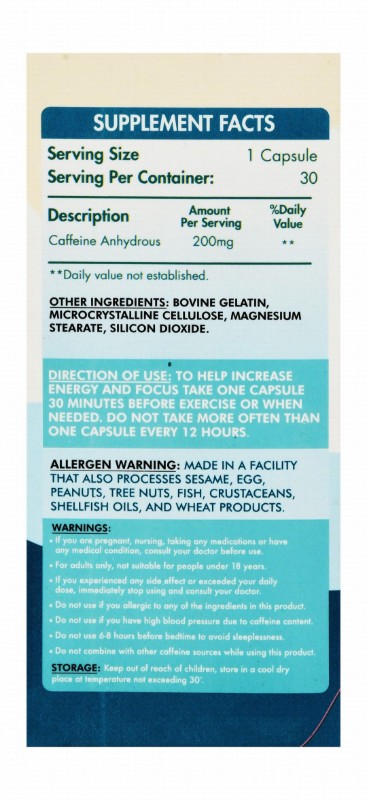Organic Nation 200mg Caffeine Anhydrous Healthy Energy, Focus & Metabolism Support Supplement